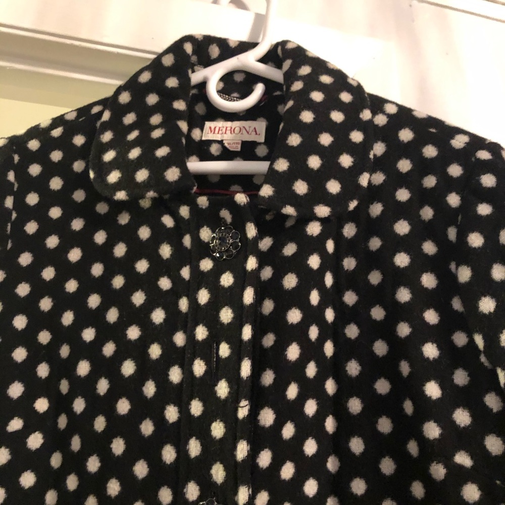 Black and white polka dot wool coat